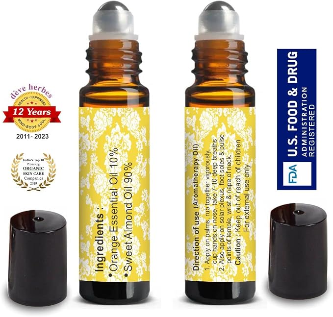 dève herbes Orange Essential Oil (Citrus sinensis) Pre Diluted Ready to Use Roll-on Blend for Aroma and Topical Skin Application for Kids and Adults 10ml (0.33 oz)