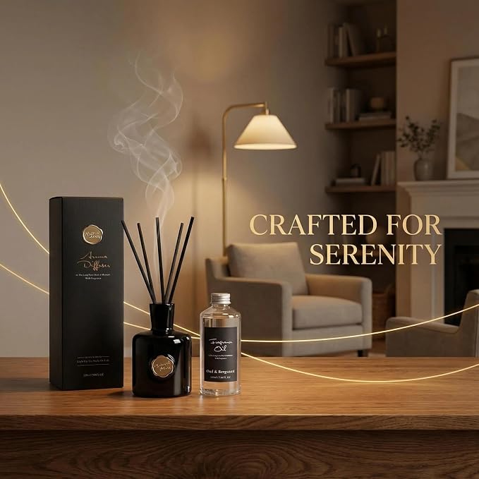 Reed Diffuser Set-Oud&Bergamot-Strong Scent, Long-Lasting Evaporation with Natural Reed Sticks & Essential Oils, Elegant Fragrance for Bathroom Bedroom Office Decor Air Fresh-Ideal Gifts