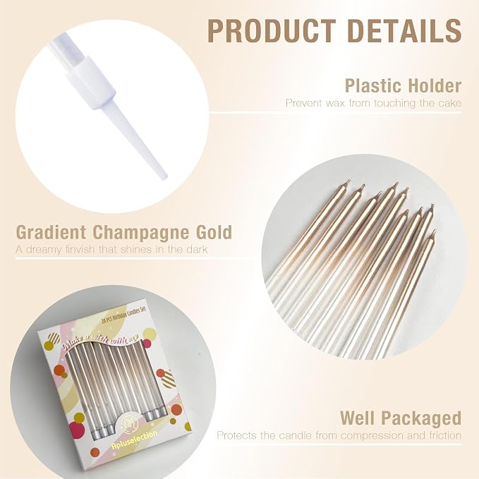 24-Count Gradient Gold Birthday Candles, 5.5-Inch Long Thin Cake Candles for Wedding, Celebration, Birthday Party Cake Decorations