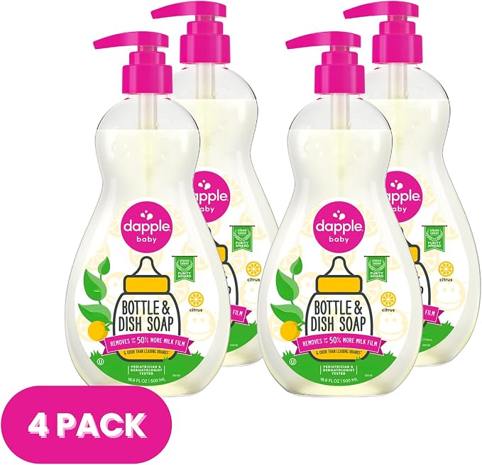 Dapple Baby Fresh Citrus Bottle & Dish Soap - (4 Pack) 16.9 fl oz - Cleans Baby Bottles, Sippy Cups, Pacifiers, Breast Pumps, & More - Gently Removes Milk Film & Odors - Includes 1 Pump