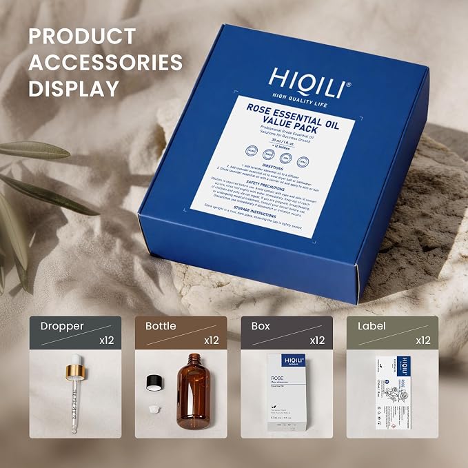 HIQILI Rose Essential Oil Set – 1 fl oz (12 Pack), with Stable Quality, Bulk Pack for Business Purchase, Ideal for Skin Care, SPA, Hotels, DIY Studios, Holiday Gifts & Home Use