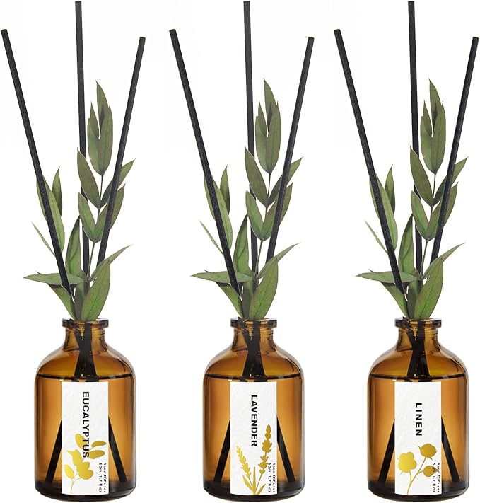 Reed Diffuser Set of 3, Eucalyptus, Linen & Lavender Scented Oil Diffusers with 15 Reeds, Long-Lasting Home Fragrance for Bedroom & Bathroom Decor, 1.7 fl oz Each, Total 5.1 oz