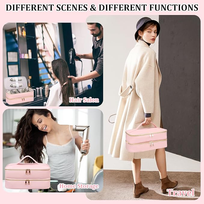 Travel Carrying Case for Shark Flex Style, Double Layer Storage Case for Shark SpeedStyle Hair Dryer Attachments, Waterproof PU Leather Organizer Bag for Shark Flexstyle Airwrap Styler (Pink)