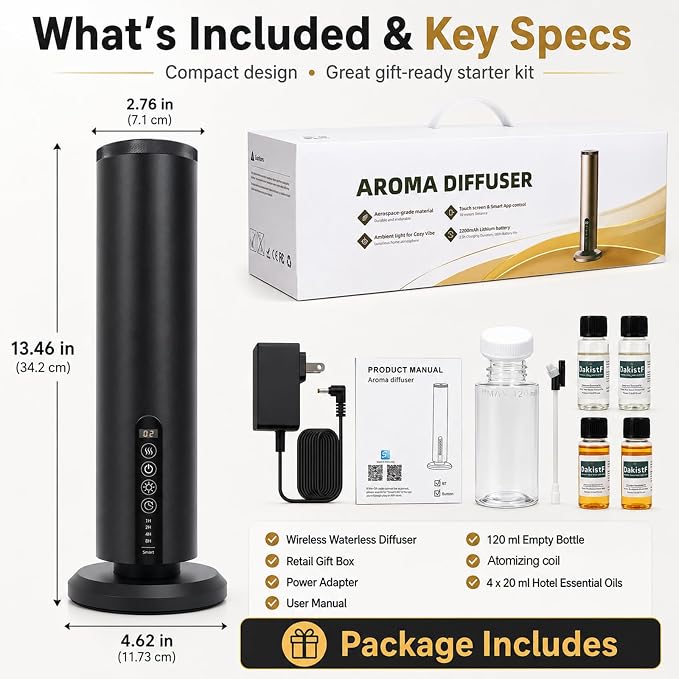 Hotel Waterless Scent Diffuser Starter Kit | 1500 Sq Ft Cold Air Essential Oil Diffuser with Bluetooth | Rechargeable Cordless Portable | Bedroom Office Home Spas | 4 X 20ml Hotel Essential Oil