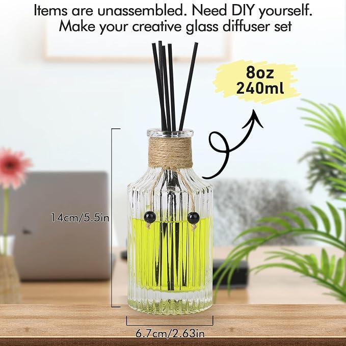 Reed Diffuser Bottle Set of 2 Glass Diffuser Bottles 8oz/250ml Empty Clear Decorative Bottle with Stoppers and Reed Sticks Bulk Reusable Perfume Jar