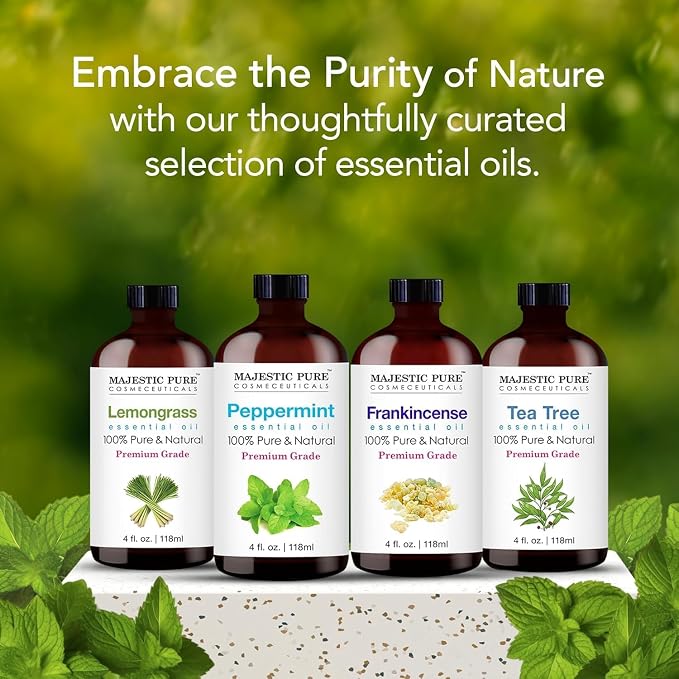 Majestic Pure Essential Oil with Glass Dropper - 100% Pure and Natural - Essential Oils for Diffuser, Aromatherapy, Soap and Candle Making, Peppermint Essential Oil, Peppermint Oil, 4 Fl Oz