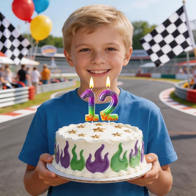 Number 2 Birthday Candle for Cake – Purple Green Flame Design with Lightning & Tire Track Pattern – Off-Road Truck Theme Cake Topper for Birthday Party Decoration