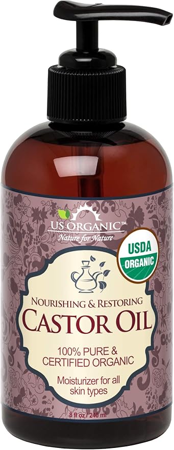 US Organic Castor Oil, USDA Certified Organic,Expeller Pressed, Hexane Free, 100% Pure & Natural moisturizing and emollient properties, For Skin, Hair Care, Eyelashes, DIY projects (8 oz (240 ml))