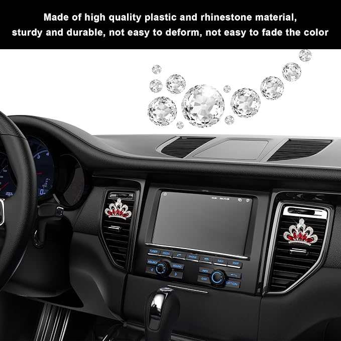 Augeny 2 PCS Bling Car Air Vent Clips, Crystal Rhinestone Crown Air Freshener Outlet Diffuser Clip, Auto Air Conditioning Clip Charm for Women Girls, Interior Decor Car Accessories (Red)