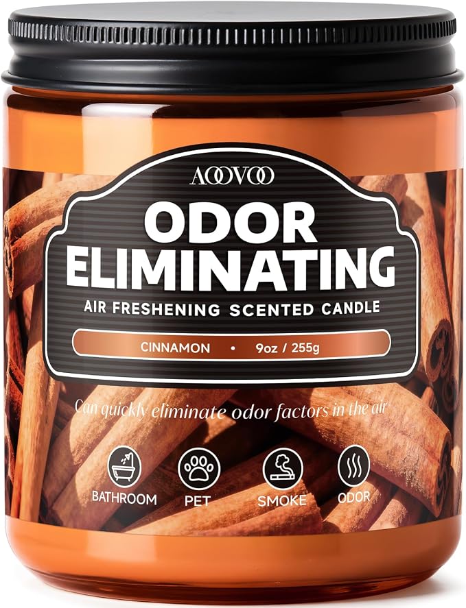 AOOVOO Cinnamon Odor Eliminating Highly Fragranced Candle - Eliminates 95% of Pet, Smoke, Food, and Other Smells Quickly, Non Toxic Air Freshing Soy Candle, 9 oz Up to 50 Hours Burn time