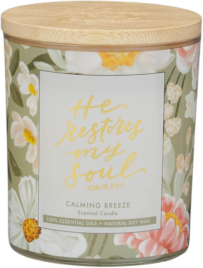 Christian Art Gifts Soy Wax Scented Candle: He Restores My Soul Bible Verse, Calming Breeze Scent, Pure Essential Oils, 4.5 oz, Up to 20 Hours Burn Time, Glass Jar w/Bamboo Lid, Encouragement Gift