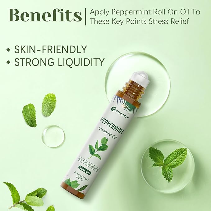 Peppermint Essential Oil Roll On, Natural Aromatherapy Oil Blend Roller with Fresh Minty Aroma - Headache, Stress Relief, Self Care Gifts for Women