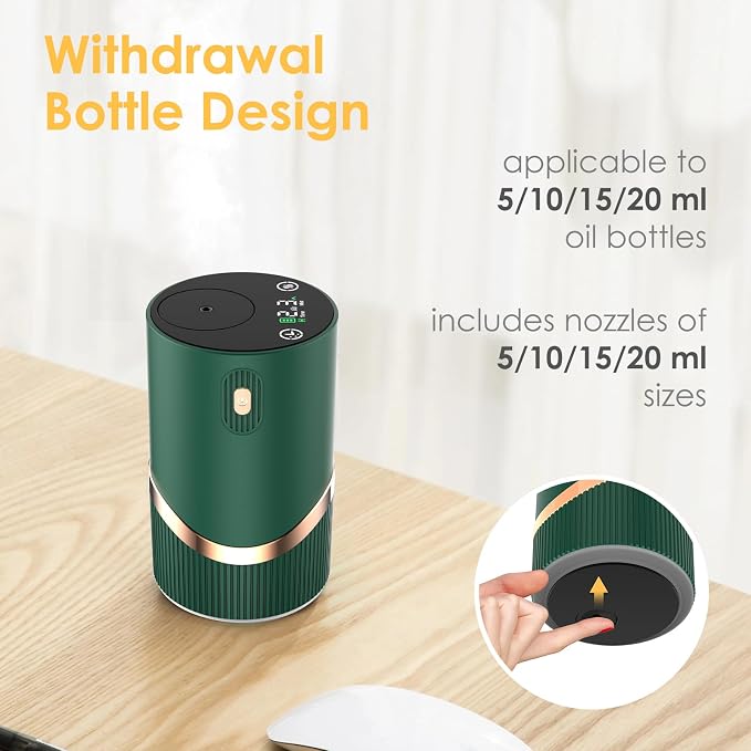 Waterless Essential Oil Diffuser Rechargable: Portable Aromatherapy Diffuser for Car and Home - 1/2/4/6H/Time Off 4 Mist Level for Room Office Bedroom (Green)