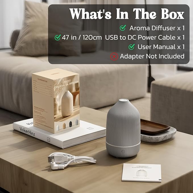Essential Oil Diffuser, 100ml Aromatherapy Diffuser, Mini Ultrasonic Diffuser for Essential Oil, Home, Office, Cool Mist Humidifier with 7 Led Light, Auto Shut-Off, Grey