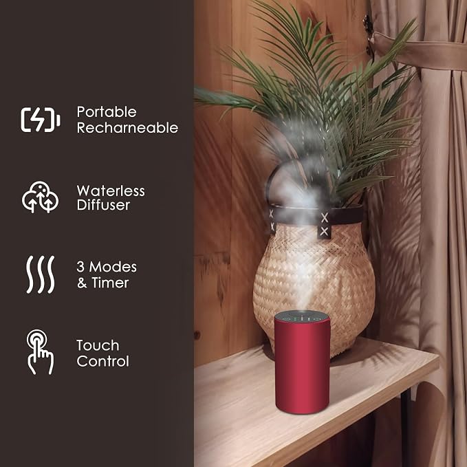 Waterless Essential Oil Diffuser, 7 Colors LED Light, Battery Powered Mini Scent Air Machine, Aromatherapy Mist Diffuser for Home Room Car Office，Black Aluminum Alloy (Red)