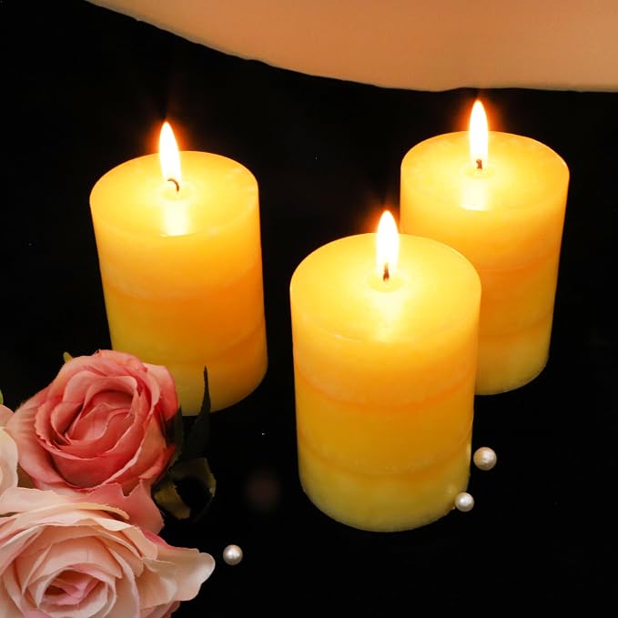 Yellow Pillar Candles 3x4 Inch Hand-Poured Lemon Scented Candles Lemongrass Fragrance Long Lasting Clean Burning Smokeless Summer Candle for Home Scent Bathroom Rustic Table Decor, Set of 3