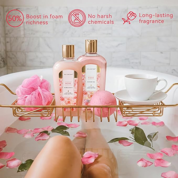 spa luxetique Gift Set For Women, Bath Sets for Women Gift, 8 Pcs Rose Spa Basket Includes Bubble Bath, Shower Gel, Body Lotion, Mom Birthday Gifts, Mother‘s Day Gifts for Her