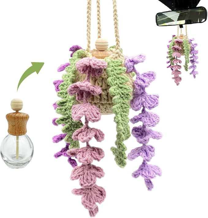 Crochet Car Air Freshener, 15ml Empty Refillable Oil Diffuser Bottle with Crochet Violet Hanging Plant for Car Rearview Mirror Decor, Handmade Home&Office Decor