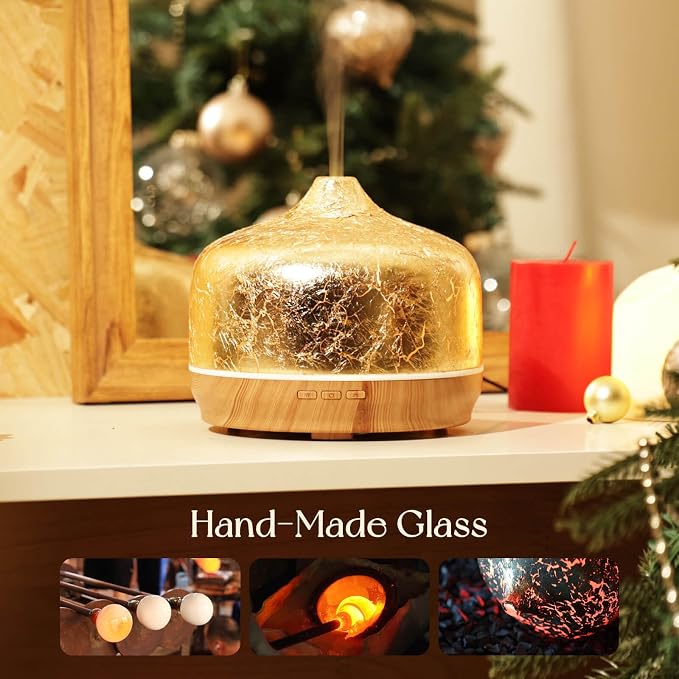Porseme 500ml Glass Essential Oil Diffuser Aromatherapy Ultrasonic Cool Mist Humidifier 15-21 Running Hours Waterless Auto-Off Air Diffusers for Sleeping Yoga Working Spa(Gold Plated)