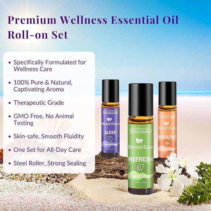 Therapeutic Grade Essential Oils Roll-On Set with Gift Box (Refresh, Breathe, Sleep), Natural Energy Boost, Head Comfort, Deep Relaxation, Sleep Support, Clear Breathing, Self-Care Gift, 3x10ml