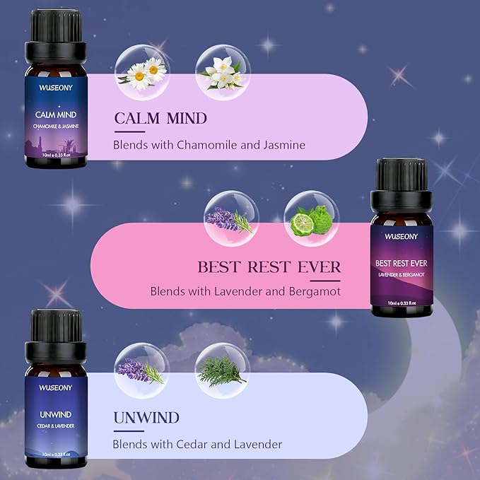WUSEONY Sleep Essential Oils Set for Diffusers for Home, Set of 6 Essential Oil Blend Aromatherapy - Eucalyptus, Jasmine, Orange, Lavender, Cedar, Mint