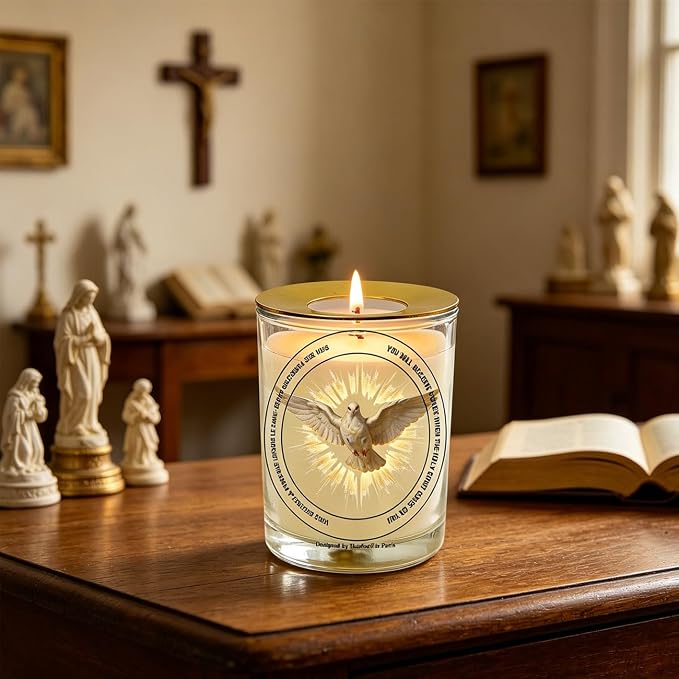 Holy Spirit Prayer Candle 50 Hours│Hand-Poured Natural Soy Wax│Spirit of Truth, Unifier of the Church, Spiritual Gifts, Advocate, Divine Person of the Trinity│Design in Paris│3“×3.6”