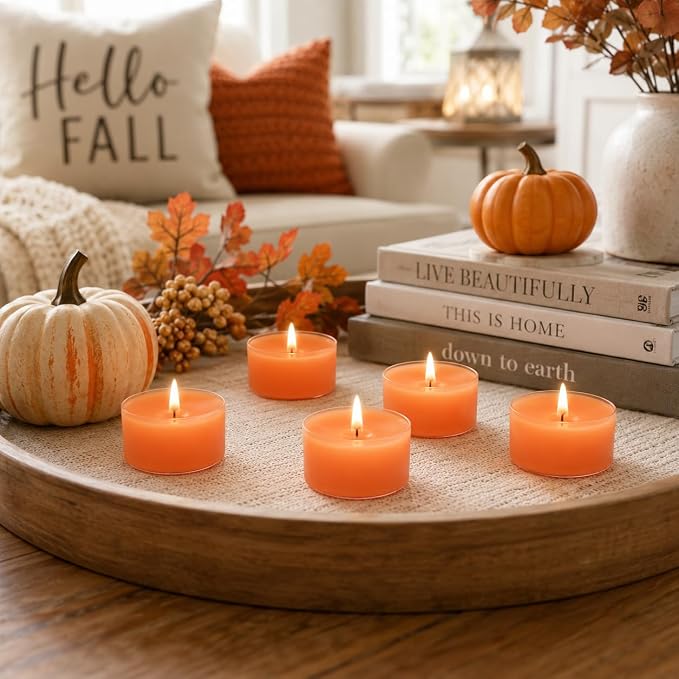 Orange Tea Lights Candle Set of 24, Citrus Scented Tealight Candles, Handmade Tea Candles, Long Burning Tealights for Romantic Wedding Home Decor Gift