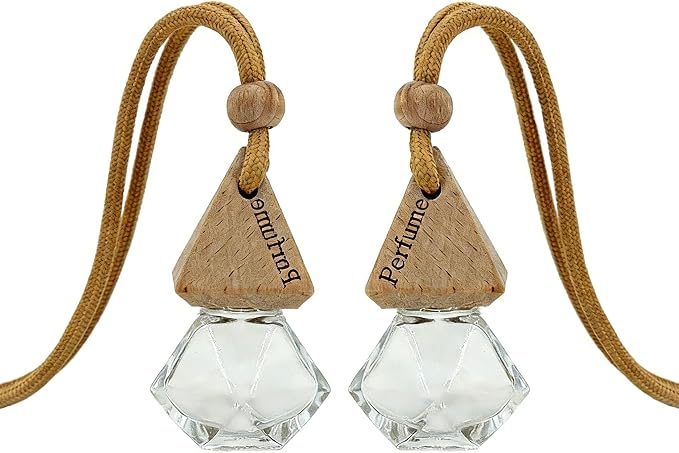 2-Pack Rhombus Refillable Hanging Car Diffuser Empty Glass Bottle | Wood cap hanging aroma pendant with dropper, holds essential oils for car home closet office