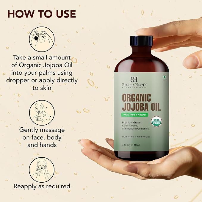 Botanic Hearth USDA Organic Jojoba Oil 4 Fl Oz |100% Pure and Natural- Cold Pressed & Hexane Free Natural Hair Growth Oil for Eyelashes, Eyebrows, Skin, Body, Face, Nails & Scalp