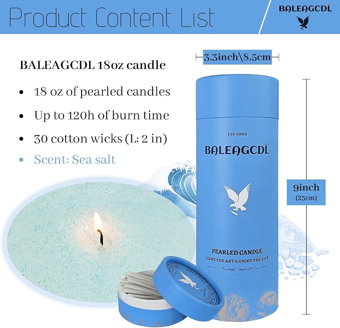 Saltwind Still Pearled Candle, 18 Oz Sea Salt Scented Sand Candle with 30 Wicks, 120 Hours Long Lasting Clean Burning, Refillable Light Blue Pearled Wax for DIY Decor