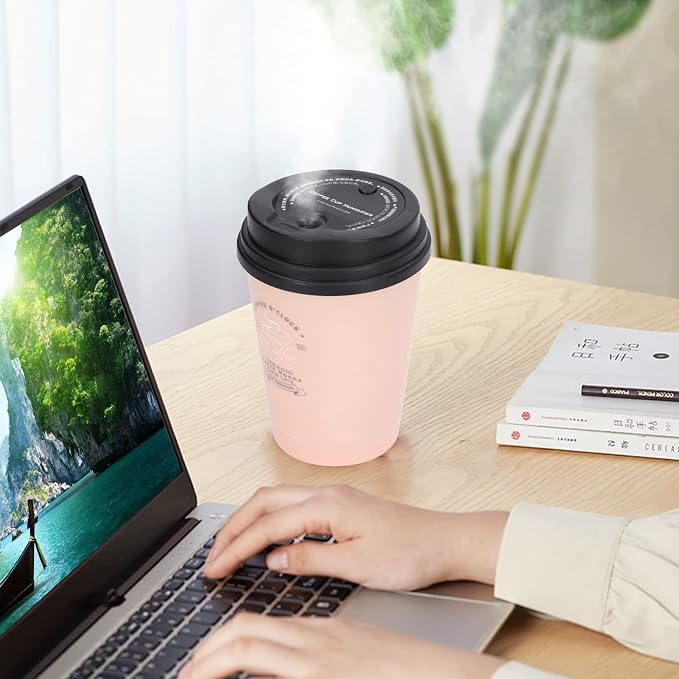 Essential Oil Diffuser, 300ml Coffee Cup Shape Mini Portable Humidifier Cordless Mute Diffuser Aromatherapy Diffuser Cool Mist Humidifier for Bedroom Office Car (Pink)