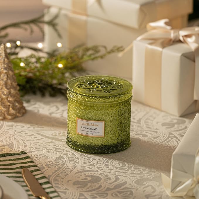 LA JOLIE MUSE Starlit Fir Pine Scented Candle for Home | Balsam & Cedarwood | Christmas Winter Holiday | 2-Wick Non Toxic Natural Soy | Large Green Jar Candle | Luxury Gifts for Women & Men | 12 oz