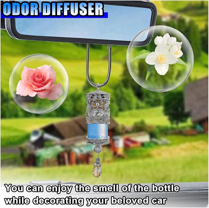 Hanging Car Air Freshener Diffuser, Refillable Essential Oils Empty Perfume Bottle, Alloy Car Aromatherapy Fragrance Perfume Pendant Bottle, Universal Car Interior Ornaments Decor (Silver)