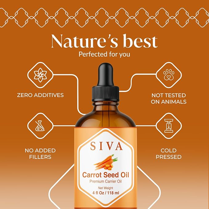 SIVA Carrot Seed Oil 4oz (118ml) Premium Cold-Pressed 100% Natural Carrier Oil With Dropper For Face, Skin Care, Body Massage, Hair Care, Hair Oiling & Scalp Massage