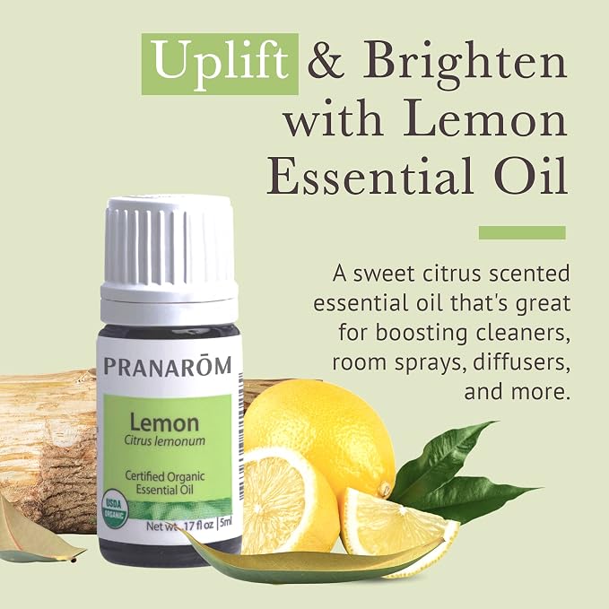 Pranarom USDA Certified Organic Lemon Essential Oil (5ml), 100% Pure Undiluted Therapeutic Grade from Argentina for Aromatherapy, Diffuser, DIY, Cleaning, Fresh Lemon Scent