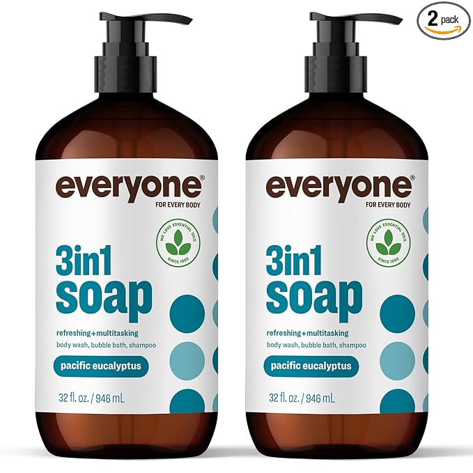 Everyone 3-in-1 Soap, Body Wash, Bubble Bath, Shampoo, 32 Ounce (Pack of 2), Pacific Eucalyptus, made with Essential Oils for Men and Women