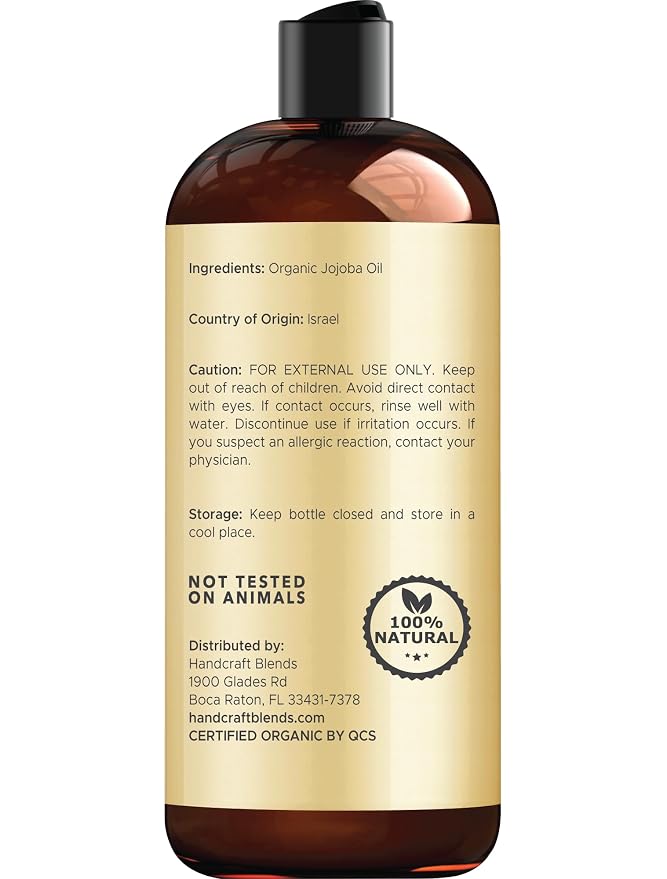Handcraft Blends USDA Organic Jojoba Oil | Cold-Pressed | 16 Fl Oz | 100% Pure & Natural | for Hair, Skin & Face | Premium Grade Carrier Oil | for Massage & Aromatherapy | Hexane-Free