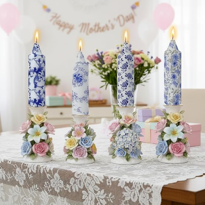 5 Inch Blue and White Short Taper Candles Hand Poured Smokeless Unscented Porcelain Style Chinoiserie Floral Candles for Wedding Nautical Dinner Home Decor Housewarming Gift Mother's Day Meditation
