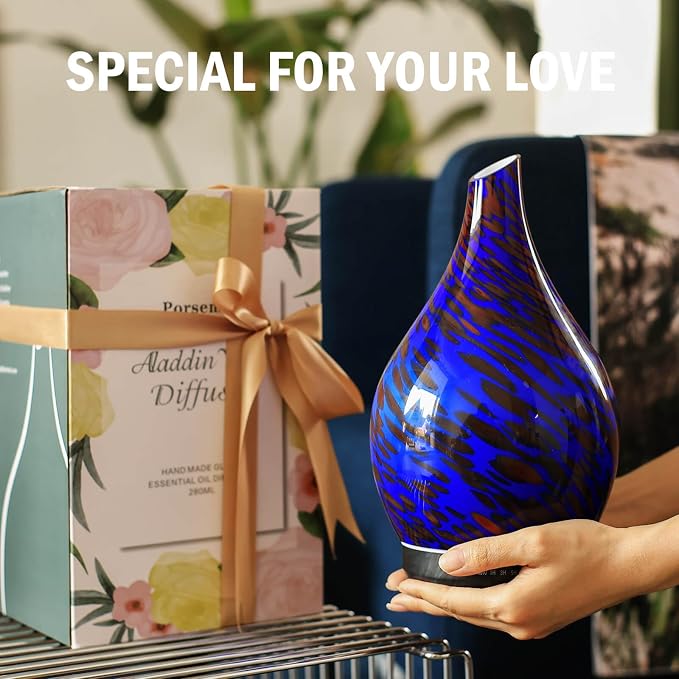 Porseme 280ml Essential Oil Diffuser Hand-Blown Glass Aroma Diffusor, Aromatherapy Unltrasonic Cool Mist deffuser, 7 Color Changing, Waterless Shut-Off, Timer Function for Home Office(Cobalt Blue)