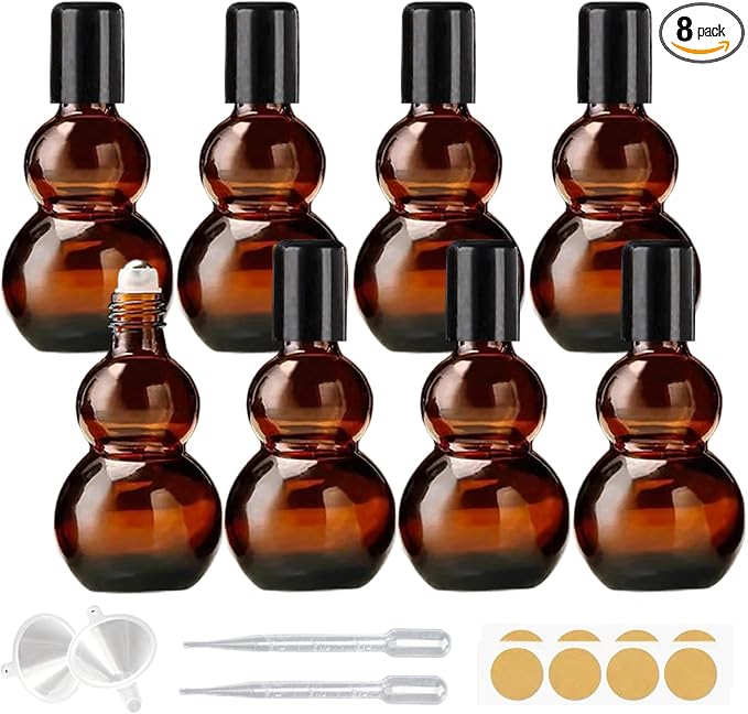 Essential Oil Roller Bottles, 20ml Amber Gourd Shaped Glass Roller Bottles with Stainless Steel Roller Ball, for Travel,Perfume (Amber-Black Cap, 20ML)