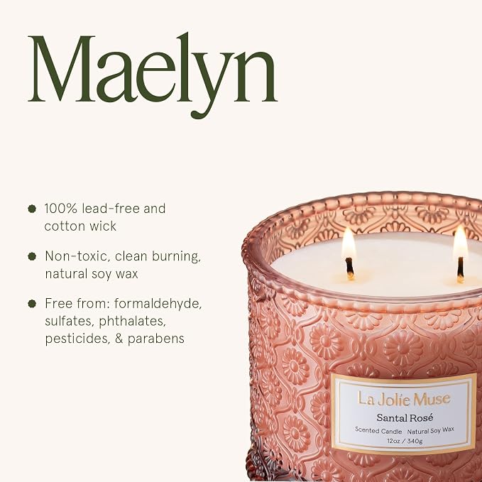 LA JOLIE MUSE Santal Rosé Scented Candles for Home, Natural Soy 2-Wick 12oz | Large Jar Luxury Candle, Clean Non Toxic, Gifts for Women, Decorative Pink Candles, Pretty Floral Candle, Sandalwood Rose