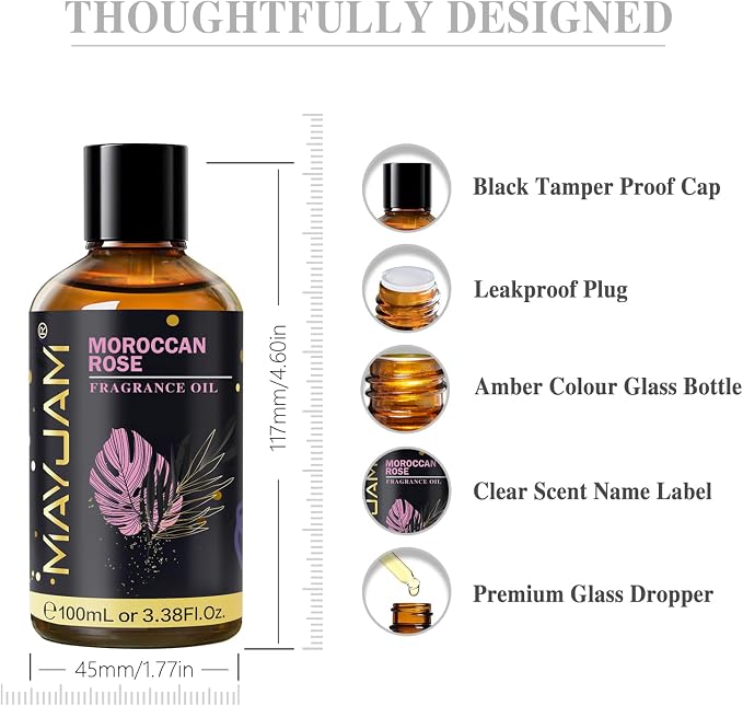 Moroccan Rose Fragrance Oil Essential Oil, MAYJAM 3.38FL.OZ Moroccan Rose Oil for Diffusers for Home, Long Lasting Scented Oils for Soap Candle Making - 100ML