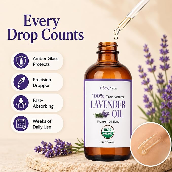 BodyJ4You Lavender Essential Oil Blend - USDA Organic Pre-Diluted MCT Ready to Use - Calming Skin Care for Face Body Sensitive Skin - Vegan Hexane Free Fast Absorbing - Amber Glass Dropper 2 Fl Oz