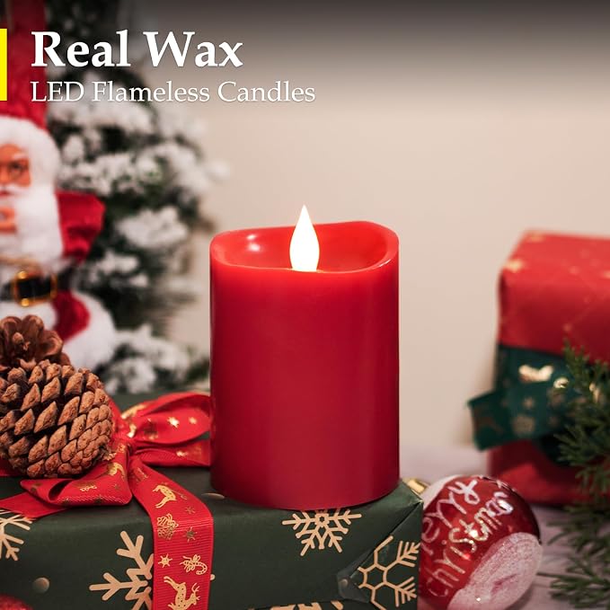 3x4 inch Red Flameless Candles: Realistic Flameless LED, Battery-Powered Pillar Candles with Remote & Timer, Fake Candles for Fall Decor, (Red, 3"*4"-1pcs)