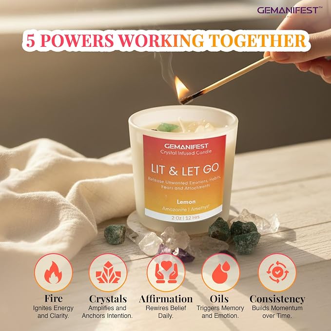 Lit and Let Go Manifestation Candle Lemon Scented Soy Crystal Candles with Amazonite Bracelet Letting Go New Beginnings Gifts Grief Divorce Gifts for Men Women