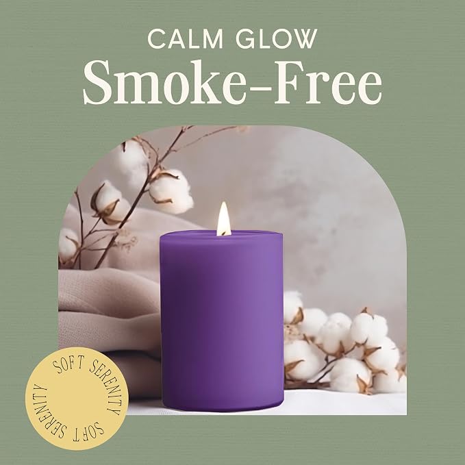 Mister Candle Dripless Unscented Purple Pillar Candles, Set of 3 Hand Poured Solid Color Non-Scented Candles for Home Decor, Premium Wax, 60 Hr Burn Time - 3x4 Inch, Purple