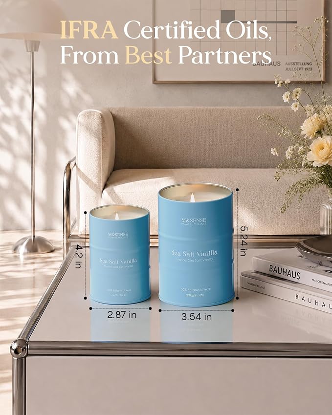 M&SENSE Sea Salt Vanilla Beach Scented Candles, Coastal Soy Candle, Summer Candle for Stress Relief Meditation Relaxing, Housewarming Gifts for Women Men, 11.3oz 70 Hour Long Burning