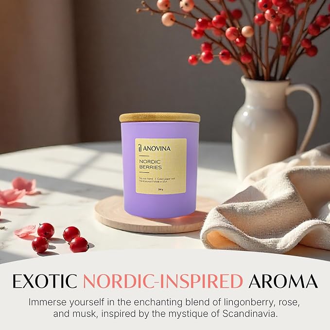 Anovina Nordic Berries Scented Candle — Fruity Berry & Sweet Musk Soy Blend | Long Lasting Jar Candle for Home | Nordic Gifts & Berry Scented Candles | Hand Poured in USA
