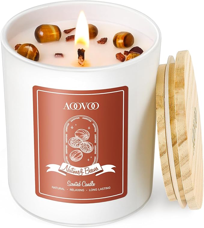 AOOVOO Nutmeg Beans Scented Candles for Women - Aromatherapy Candle with Crystals Inside, 7oz Soy Candles for Home Scented, Mothers Day Birthday Gifts Candle for Women Mom