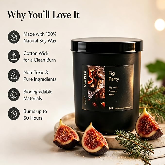 Scented Candle Fig & Fir, Natural Soy Wax Candle, 50 Hour Burn Time, Fruity Gourmand Holiday Candle for Home, Winter Décor, Relaxation & Cozy Nights Fruity Vanilla Wood Scented Candle for Christmas ﻿